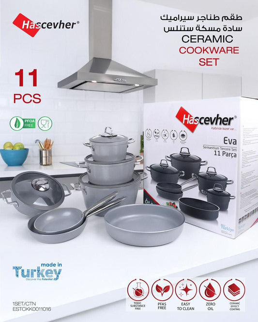 Momaz Hascevher Ceramic Cookware Set – 11 Pieces (Eva Series – Grey Edition)