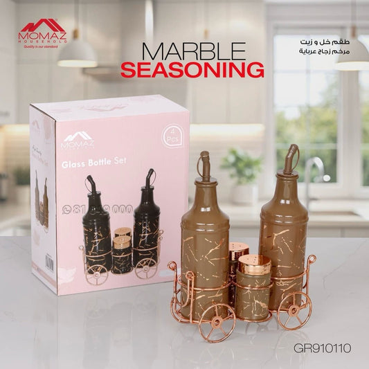 Momaz Marble Seasoning Glass Bottle Set with Stand – 4 pcs (GR910110)