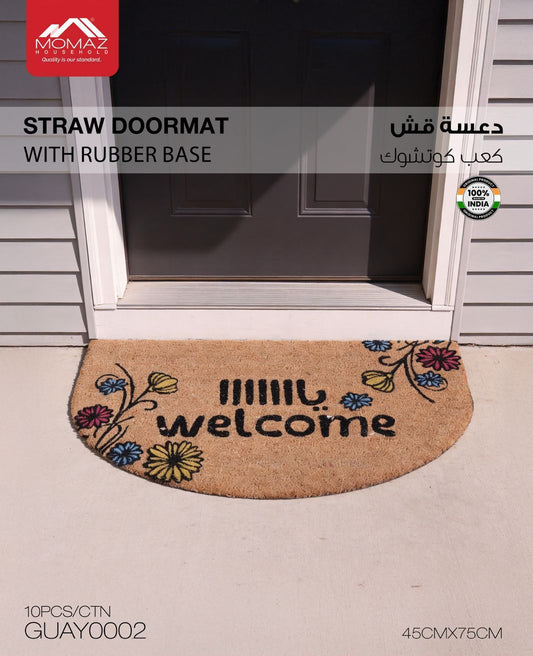 Momaz Straw Doormat with Rubber Base – Floral Welcome Design