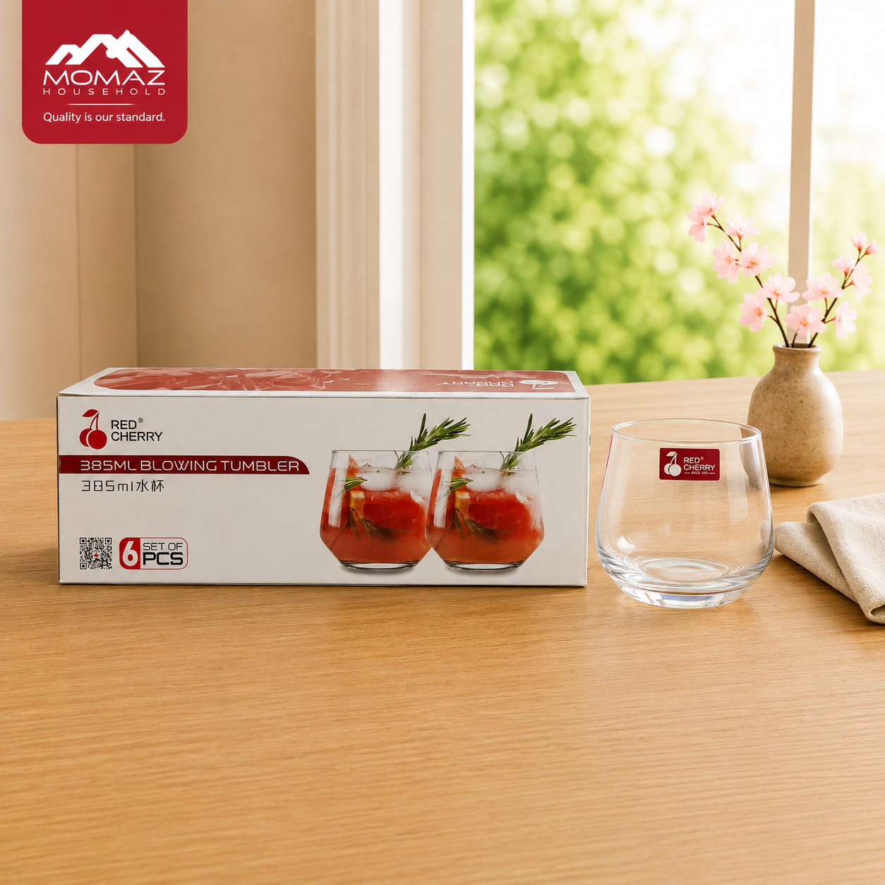Momaz Red Cherry Blowing Tumbler Cup Set – 385ML | 6 PCS
