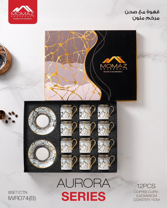 Momaz Aurora Series Coffee Cup Set – 12 Pieces (Grey Marble Design)
