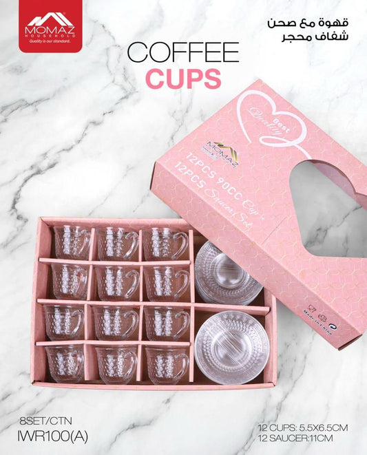 Momaz Glass Coffee Cup Set with Saucers – 12 Pieces