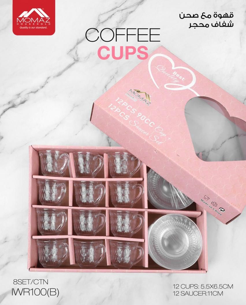 Momaz Glass Coffee Cup Set with Saucers – 24 Pieces