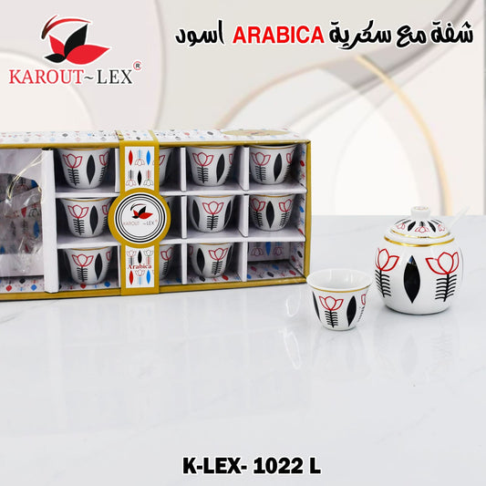 Karout Lex Arabica Coffee Cups with Sugar Pot (Black Design) – 6 PCS | K-LEX 1022 L