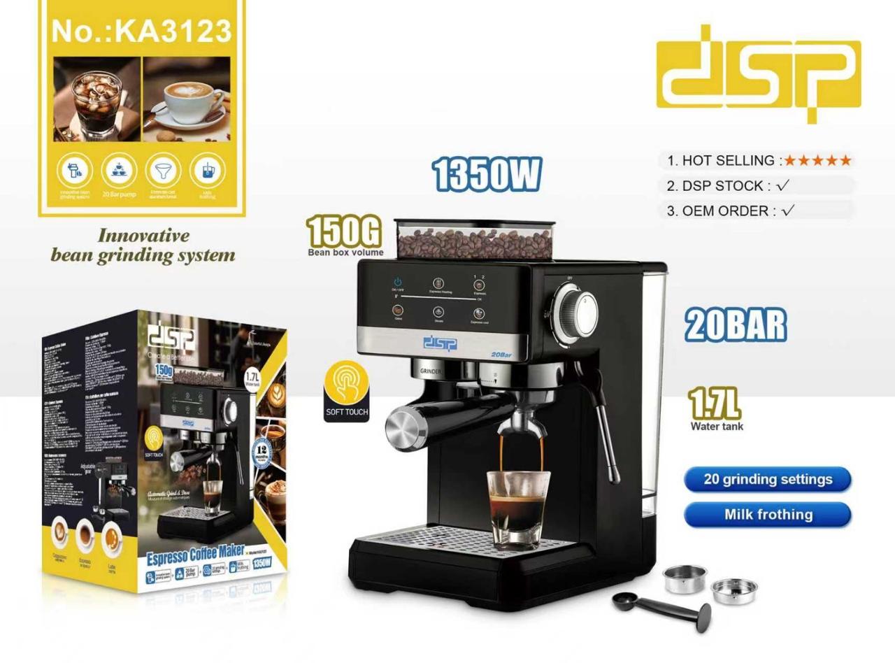 DSP Espresso Coffee Maker with Grinder – 1350W – 20 Bar | Model KA3123