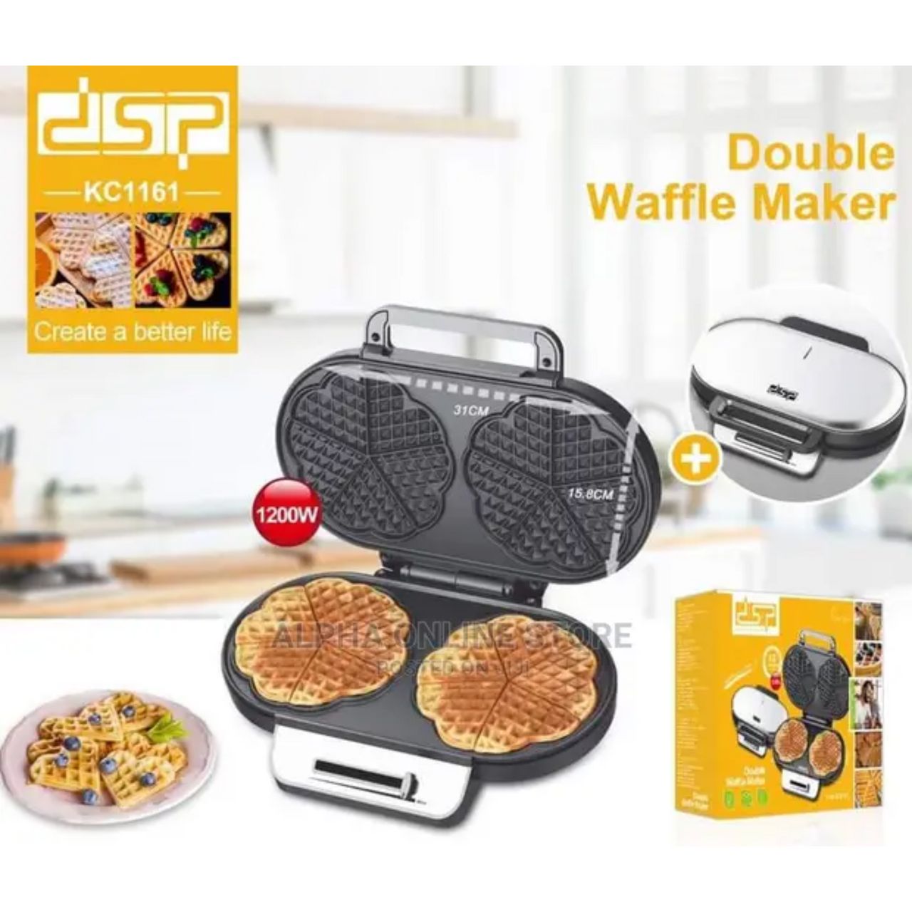 DSP Double Waffle Maker – 1200W (Model: KC1161)