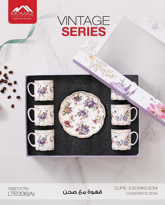 Momaz Coffee Cups Set with Saucer – Vintage Floral Series (6 Pieces) (LTE006(A))