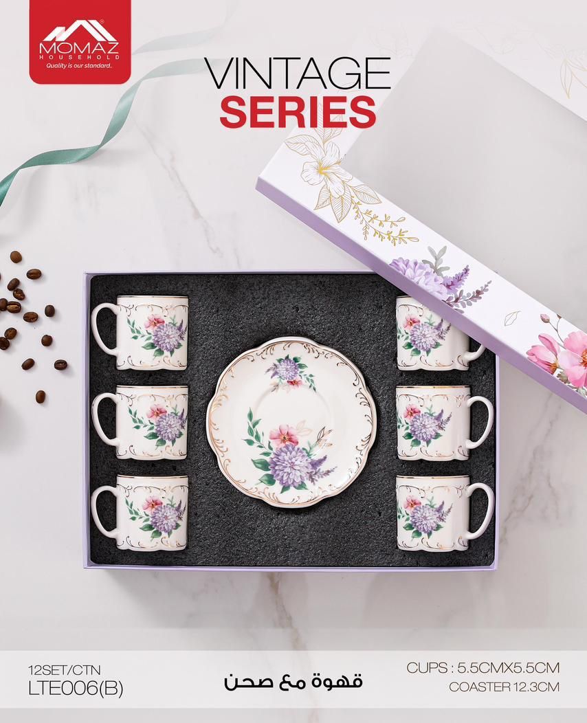 Momaz Coffee Cups Set with Saucer – Vintage Floral Series (6 Pieces) (LTE006(B))