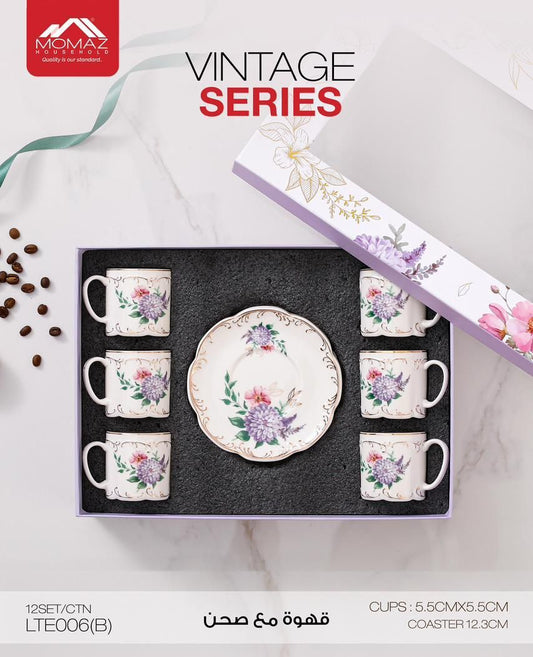 Momaz Coffee Cups Set with Saucer – Vintage Floral Series (6 Pieces) (LTE006(B))