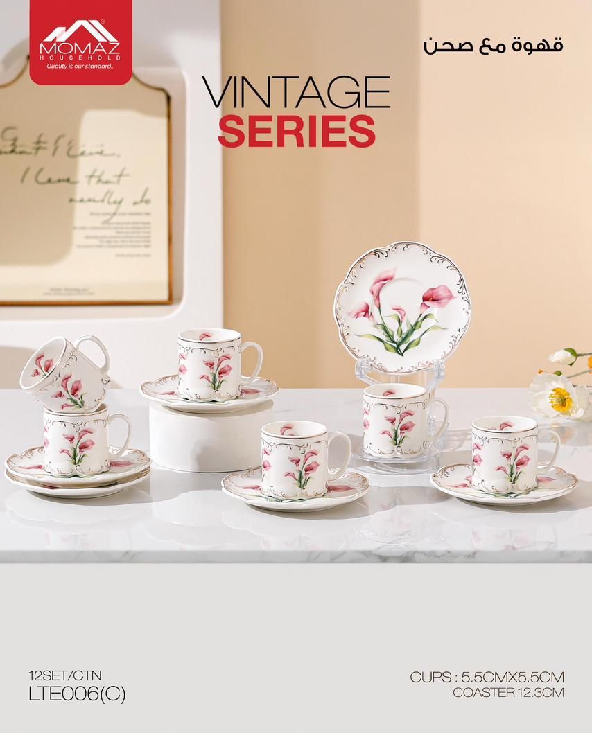 Momaz Coffee Cups Set with Saucer – Vintage Floral Series (6 Pieces) (LTE006(C))