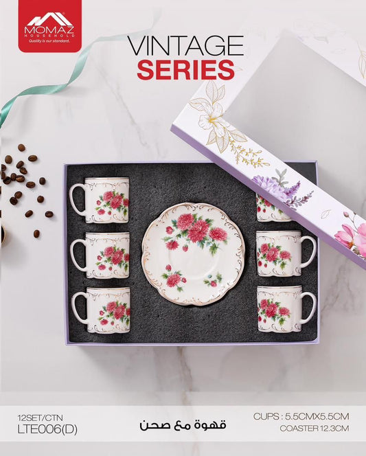 Momaz Coffee Cups Set with Saucer – Vintage Floral Series (6 Pieces) (LTE006(D)