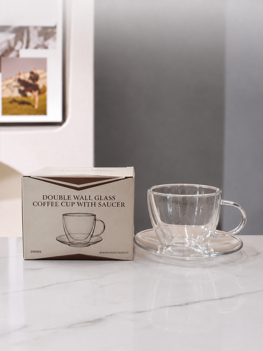 Momaz Double Wall Glass Coffee Cup with Saucer – 200ml