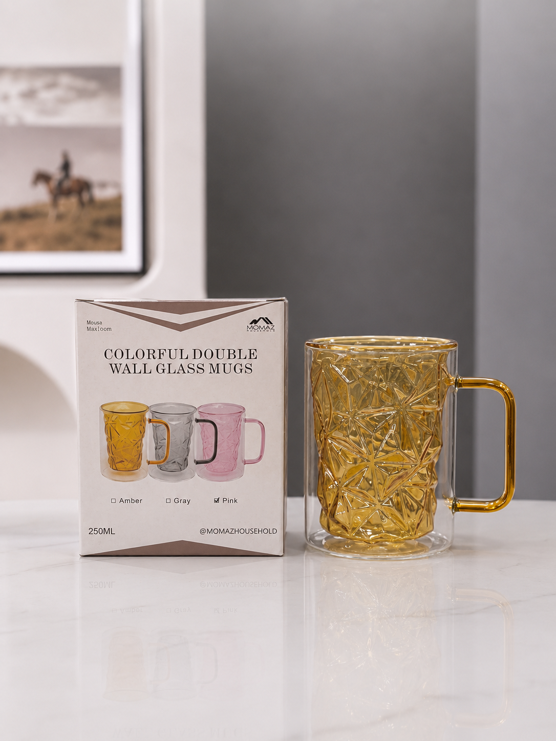 Momaz Colorful Double Wall Glass Mug – Amber 250ml