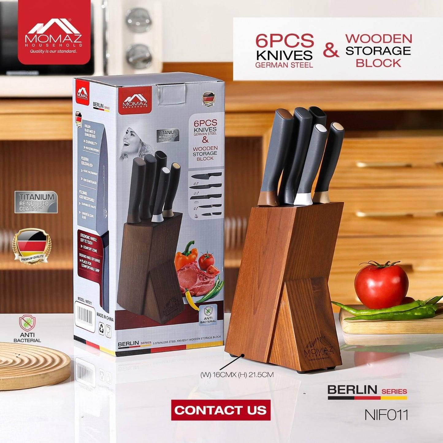 Momaz Kitchen Knife Set with Bamboo Storage Block – Berlin Series