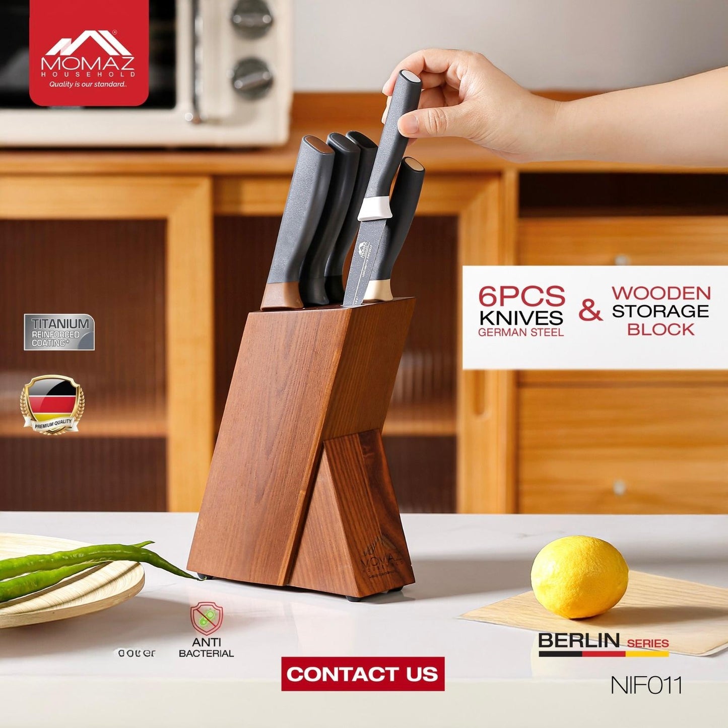 Momaz Kitchen Knife Set with Bamboo Storage Block – Berlin Series
