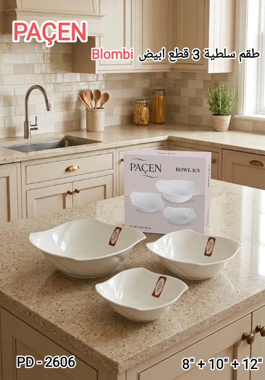 Paçen Blombi Salad Bowl Set – 3 Pieces (Modern Square Design)