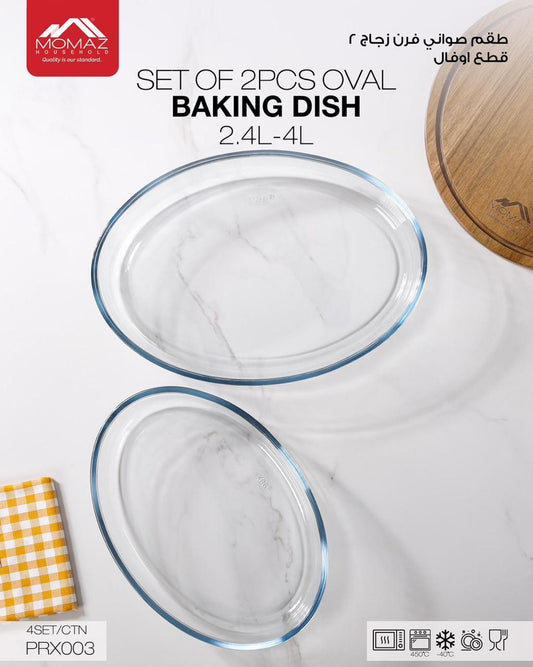 Momaz Oval Borosilicate Glass Baking Dish Set – 2 Pieces (2.4L / 4L)
