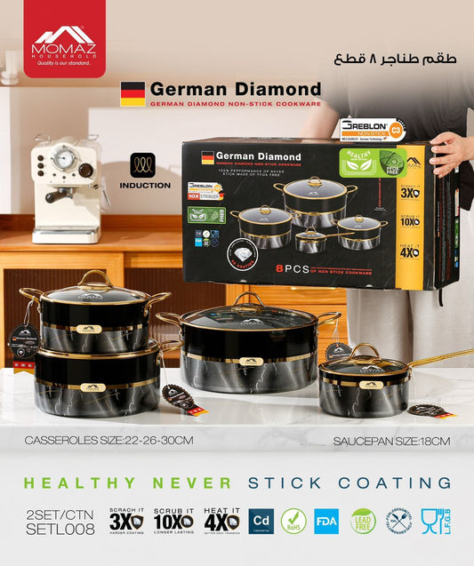 Momaz German Diamond 8PCS Cookware Set – Non-Stick Induction Pots (Model SETL008)