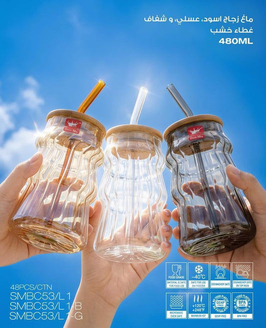Momaz Glass Juice Jar with Straw & Wooden Lid – 480ml