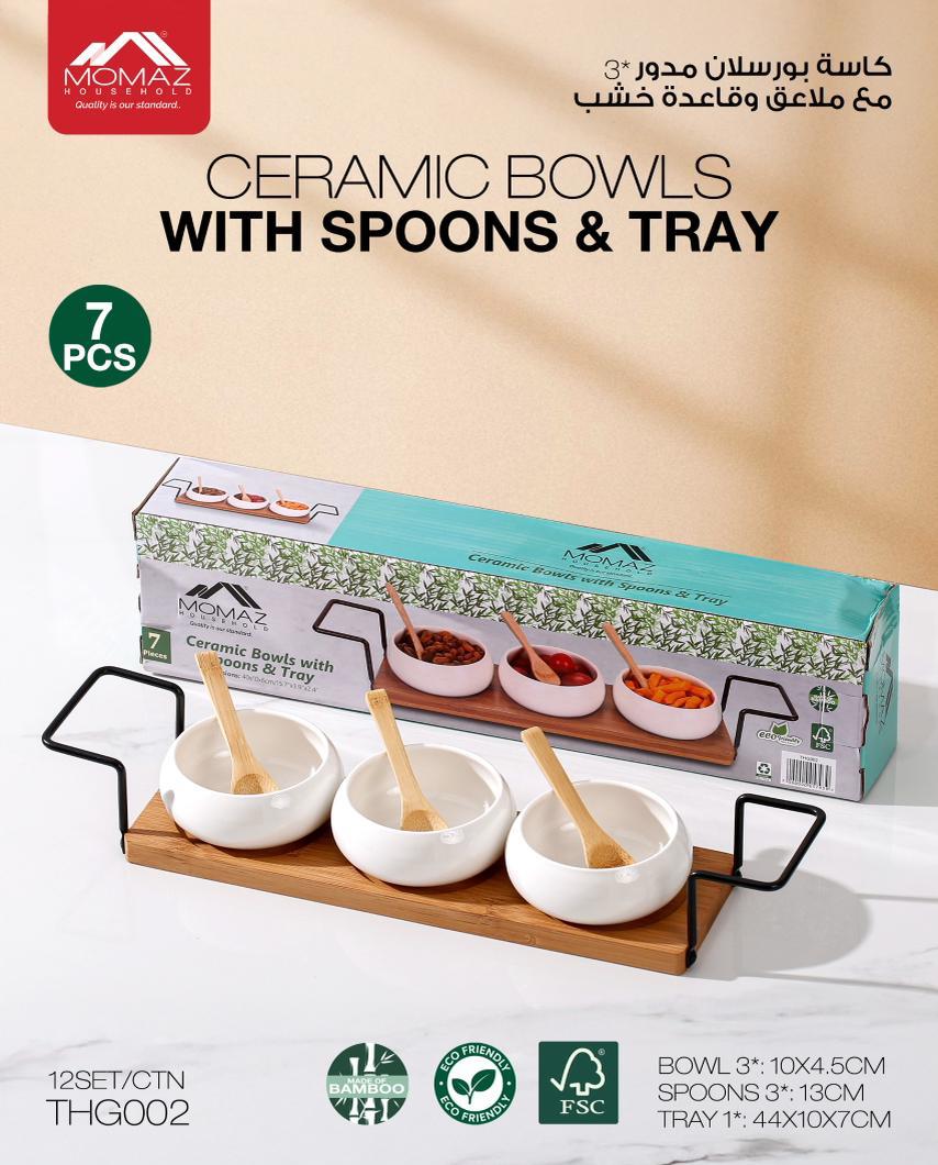 Momaz Ceramic Bowls with Spoons & Tray – 7 Pieces Set