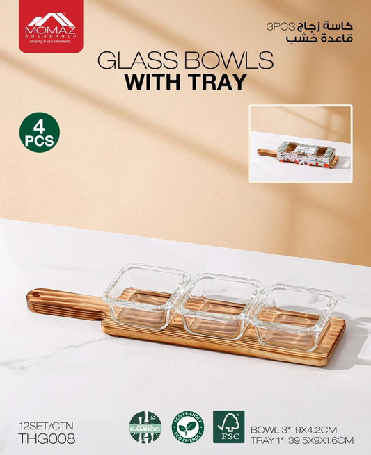 Momaz Glass Bowls with Bamboo Tray – 4 Pieces Set